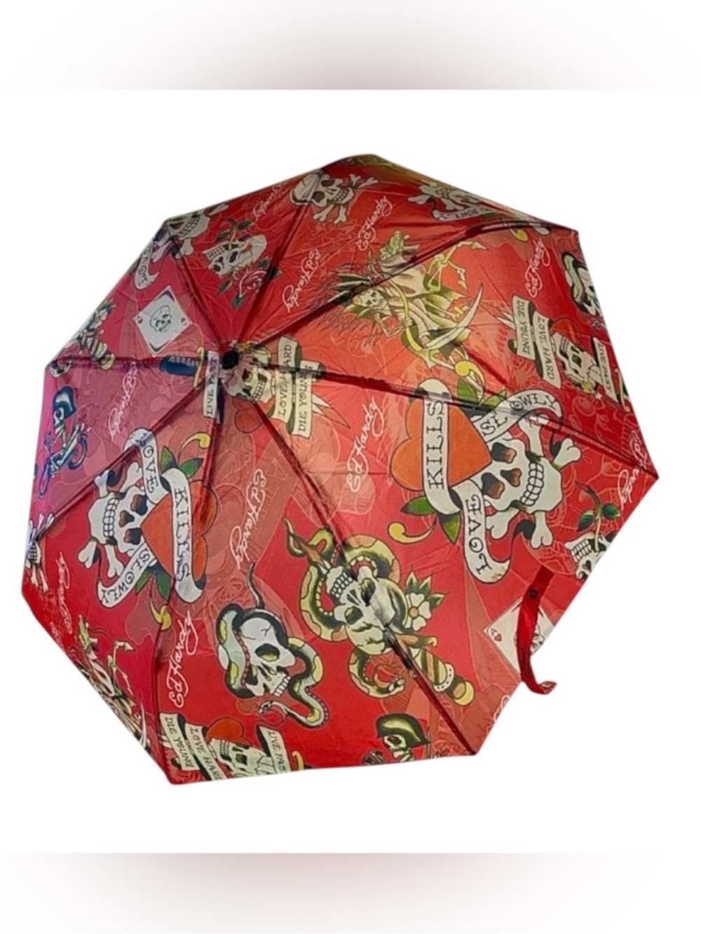 Ed Hardy Love Kills Red Tattoo Print Compact Umbrella NEW